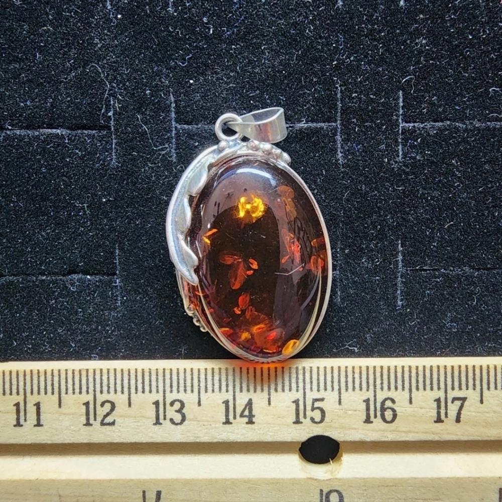 Vintage Sterling Silver/Baltic Amber w/Inclusion Necklace Pendant Marked/Tested+